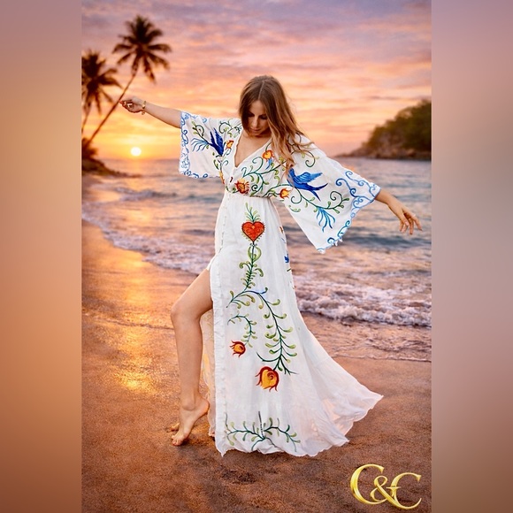 CocoAndCameo Dresses & Skirts - White Embroidered Maxi Dress with Floral and Bird Motifs